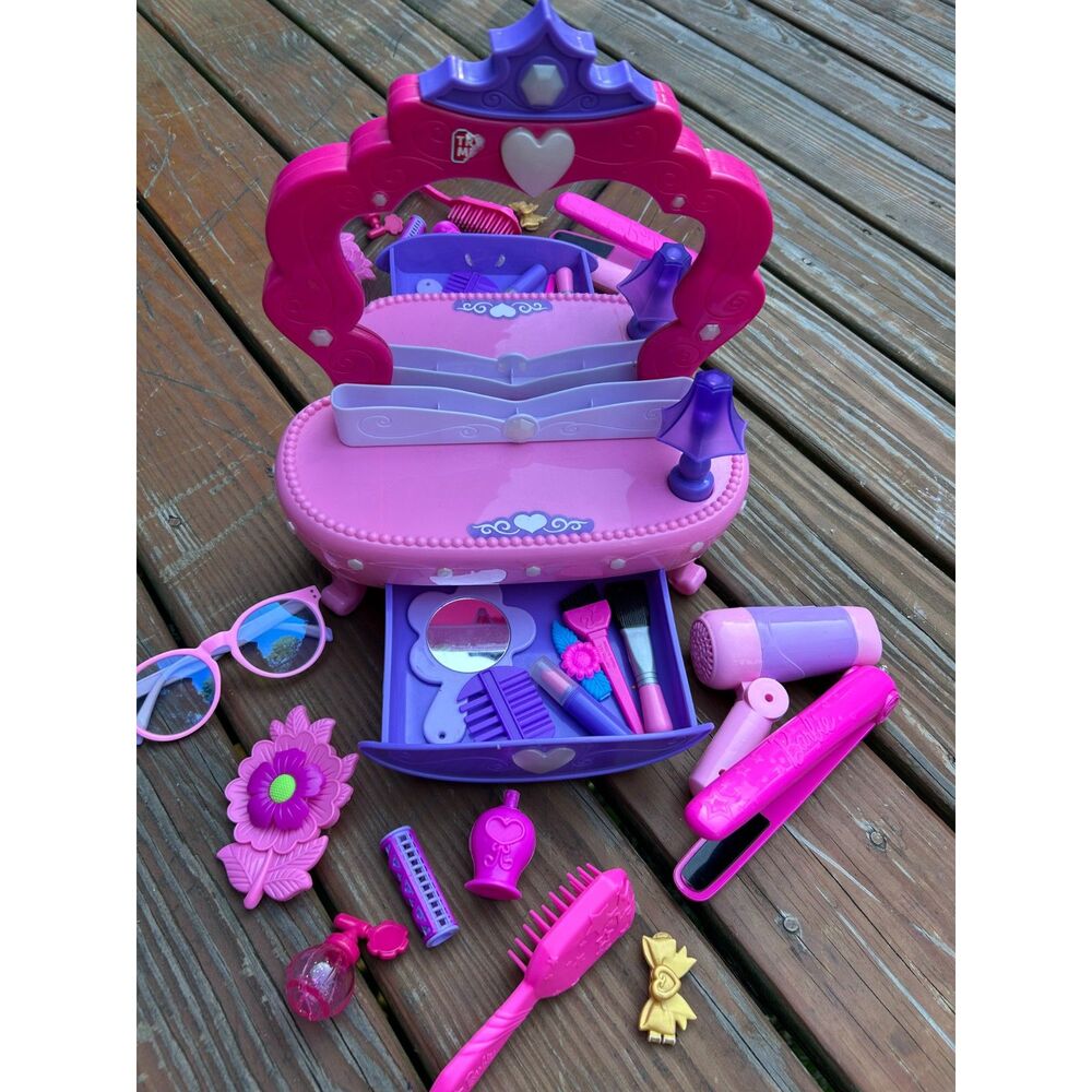 Kids Vanity Makeup Beauty Salon Pretend Play Set Light Sound Accessories Bundle